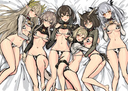  6+girls ahoge animal_print arknights ass_visible_through_thighs barefoot bell bikini black_eyes blush breasts bright_pupils brown_eyes brown_hair chinese_commentary clothes_lift collar commentary_request cow_print cowbell demon_horns earrings feather_hair glasses grey_hair head_wings highres horns hug ifrit_(arknights) jewelry light_brown_hair lying magallan_(arknights) mayer_(arknights) medium_breasts muelsyse_(arknights) multicolored_hair multiple_girls navel neck_bell on_back on_side orange_eyes pointy_ears ptilopsis_(arknights) shirt_lift short_hair short_twintails sidelocks sigm@ silence_(arknights) single_earring small_breasts smile streaked_hair swimsuit tail twintails white_pupils wings 