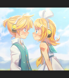  1boy aqua_collar aqua_jacket bare_shoulders blonde_hair blue_eyes blurry blurry_background blush bow brother_and_sister commentary dress face-to-face female grasslands hair_ornament hairbow hairclip headphones highres hill jacket kagamine_len kagamine_rin leaning_forward looking_at_another nervous profile sailor_collar sailor_dress short_hair short_ponytail siblings sleeveless sleeveless_dress sleeveless_jacket smile twins ukata vocaloid 