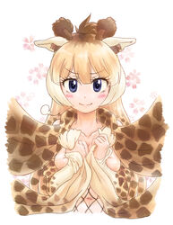  &gt;:) alternate_costume animal_ears animal_print bare_shoulders blonde_hair blue_eyes breast_press breasts brown_hair closed_mouth collarbone commentary_request detached_sleeves female fishnets giraffe_ears giraffe_horns giraffe_print hands_up horns kemono_friends lips looking_at_viewer medium_breasts mikan_toshi multicolored_hair navel parted_bangs print_scarf puff_of_air reticulated_giraffe_(kemono_friends) scarf skindentation smile solo stomach upper_body v-shaped_eyebrows 