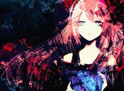  black_background black_shirt blue_eyes commentary earth_(planet) expressionless female highres holding_planet long_hair looking_at_viewer megurine_luka parted_lips pink_hair planet shirt solo unf_(unotfound_404) upper_body vocaloid 