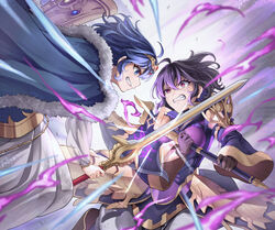  2girls axe binding_shield black_gloves blue_cape blue_eyes blue_hair cape clenched_teeth commentary dual_persona falchion_(fire_emblem) fire_emblem fire_emblem_awakening fire_emblem_heroes fur-trimmed_cape fur_trim gloves grin holding holding_axe holding_sword holding_weapon long_sleeves morgan_(female)_(devoted_darkness)_(fire_emblem) morgan_(female)_(fire_emblem) morgan_(fire_emblem) multiple_girls purple_hair red_eyes shield short_hair smile sword teeth ten_(tenchan_man) tiara weapon wide_sleeves 