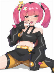  +++ absurdres bandaid bandaid_on_head belt black_eyes black_nails blunt_bangs blush cameltoe commentary_request coral_(pokemon) eyelashes female hand_up highres long_sleeves looking_at_viewer mesugaki nail_polish navel oerba_yun_fang off-shoulder_shirt off_shoulder open_mouth pink_hair pokemon pokemon_(anime) pokemon_horizons pumi_puru shirt shorts simple_background sitting skirt sleeves_past_fingers sleeves_past_wrists smile solo spread_legs twintails white_background yellow_shorts 