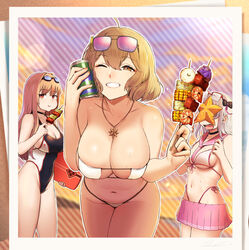  3girls ahoge anis_(nikke) anis_(sparkling_summer)_(nikke) aviator_sunglasses bare_shoulders bikini bikini_skirt black_bow black_choker black_one-piece_swimsuit bow breasts brown_eyes brown_hair can can_to_cheek choker cleavage cloud cloudy_sky collarbone commentary_request competition_swimsuit counters_(nikke) covered_navel cowboy_shot drink_can eating eyepatch_bikini eyewear_on_head front-tie_bikini_top front-tie_top glasses goddess_of_victory:_nikke goggles goggles_on_head grin groin hair_between_eyes hairbow highleg highleg_bikini highleg_swimsuit highres holding holding_can holding_kickboard holding_skewer jacket jewelry kickboard large_breasts leaning_forward long_hair looking_at_viewer medium_breasts multiple_girls navel necklace neon_(blue_ocean)_(nikke) neon_(nikke) official_alternate_costume one-piece_swimsuit one_eye_closed open_mouth pink-tinted_eyewear pink_sailor_collar pink_skirt rapi_(classic_vacation)_(nikke) rapi_(nikke) red_eyes sailor_collar sawasa short_hair side-tie_bikini_bottom sidelocks skewer skirt sky smile soda_can standing star_(symbol) star_necklace starfish stomach sunglasses sunset swim_goggles swimsuit teeth tinted_eyewear two-tone_swimsuit white_bikini white_hair yellow_jacket 