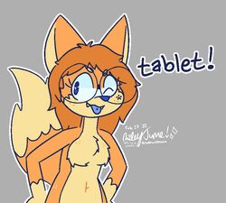  2022 anthro aroohwahoou blue_eyes blue_tongue canid canine cute_fangs dated dipstick_limbs dipstick_tail eyelashes eyewear female footprint fox freckles fur glasses hair mammal markings navel one_eye_closed orange_body orange_fur orange_hair pawprint pawprint_(marking) piercing riley_(aroohwahoou) round_glasses simple_background solo tail tail_markings tan_body tan_fur text tongue tongue_out tongue_piercing wink 