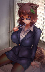  animal_ears black_jacket black_skirt breasts brown_eyes brown_hair brown_pantyhose female futatsuiwa_mamizou highres holding indoors jacket large_breasts leaf leaf_on_head looking_at_viewer looking_over_eyewear men_in_black mib_mamizou neuralyzer pantyhose polo_shirt raccoon_ears raccoon_girl raccoon_tail shirt short_hair shounen_(hogehoge) sitting skirt smile solo sunglasses table tail thighs touhou white_shirt 