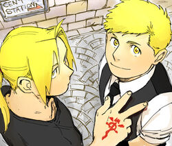  2boys alphonse_elric antenna_hair black_shirt blonde_hair brothers commentary_request edward_elric english_text expressionless fingernails flamel_symbol fullmetal_alchemist happy long_hair looking_at_viewer looking_up male_focus multiple_boys necktie nore_(boosuke) ponytail shirt short_hair siblings sign smile standing upper_body v waistcoat white_shirt yellow_eyes 