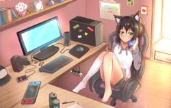  :3 animal_ears baseball_cap black_hair black_shorts blush bongo_cat book calendar_(object) can cat_ears cat_girl cat_tail cellphone chair clock collarbone commentary_request computer computer_keyboard computer_mouse computer_tower desk drawer drawstring drink electric_plug electrical_outlet energy_drink female flower from_above green_eyes hand_up handheld_game_console hat headphones headphones_around_neck highres indoors joy-con kneehighs knees_together_feet_apart knees_up leaf lined_paper long_sleeves looking_at_viewer monitor monster_energy nintendo_switch notebook office_chair original pen phone photo_(object) picture_frame pikachu plant pokemon pokemon_(creature) potted_plant power_strip raglan_sleeves shelf short_shorts shorts shuuzo3 single_kneehigh single_sock sitting smartphone socks speaker sticker swivel_chair tail unworn_hat unworn_headwear white_flower white_legwear wooden_floor 