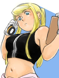  bare_arms bare_shoulders blonde_hair blue_background blue_eyes breasts commentary_request earrings expressionless female fullmetal_alchemist gloves jewelry long_hair looking_down navel nore_(boosuke) phone ponytail short_sleeves simple_background sleeveless solo tank_top upper_body white_background winry_rockbell 