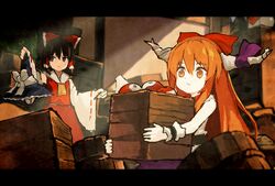  2girls bad_id bad_pixiv_id bow box brown_hair detached_sleeves gohei hair_tubes hairbow hakurei_reimu hat horns ibuki_suika japanese_clothes kitsune_(kazenouta) letterboxed long_hair miko multiple_girls orange_hair short_hair storage_room touhou witch_hat 