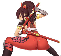  ass bodysuit braid breasts brown_eyes brown_hair commentary english_commentary female from_behind hair_ornament katana kuroonehalf large_breasts sheath signature simple_background solo soulcalibur soulcalibur_ii sword taki_(soulcalibur) unsheathing weapon white_background 