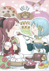  2girls anthony_(madoka_magica) apple bare_shoulders blue_hair bow cake candy cape charlotte_(madoka_magica) cherry chocolate_cornet detached_sleeves dumpling facial_hair feeding flower food fruit gertrud_(madoka_magica) gloves hair_ornament hairbow hairclip heart highres ice_cream ice_cream_sandwich icing kyuubee long_hair magical_girl mahou_shoujo_madoka_magica mahou_shoujo_madoka_magica_movie miki_sayaka moustache multiple_girls official_art oktavia_von_seckendorff pastry polearm ponytail red_hair rose sakura_kyouko scan short_hair spear swiss_roll sword waffle walpurgisnacht_(madoka_magica) weapon whipped_cream white_gloves wrapped_candy 