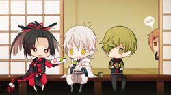  +_+ 4boys black_hair brown_eyes brown_hair chibi color_connection commentary_request cup dango feather_hair_ornament feathers food green_eyes green_hair grey_eyes hair_ornament hair_over_one_eye hairclip hood houchou_toushirou japanese_clothes kogarasumaru_(touken_ranbu) male_focus multiple_boys open_mouth peeking_out plate pom_pom_(clothes) ponytail sanshoku_dango sitting sliding_doors smile thought_bubble touken_ranbu tsurumaru_kuninaga uguisumaru wagashi white_hair yellow_eyes yori_(y_rsy) yunomi 