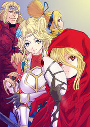  5girls armor black_gloves blonde_hair blue_flower blue_rose breasts brown_eyes closed_mouth commentary_request evileye_(overlord) eyelashes fang_out flower frown gagaran gloves gradient_background green_eyes hair_between_eyes headband holding holding_mask hood lakyus_alvein_dale_aindra large_breasts mask multiple_girls oerba_yun_fang overlord_(maruyama) ponytail red_armor red_eyes rose rurukichi short_hair siblings sisters smile spikes tia_(overlord) tina_(overlord) twins vambraces 