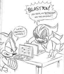  2015 alien angry anthro archie_comics battleship_(table_game) black_arms_(sonic) black_sclera chauvels dialogue duo eclipse_the_darkling english_text eulipotyphlan hedgehog male mammal monochrome sega shadow_the_hedgehog simple_background sonic_the_hedgehog_(archie) sonic_the_hedgehog_(comics) sonic_the_hedgehog_(series) speech_bubble text white_background 