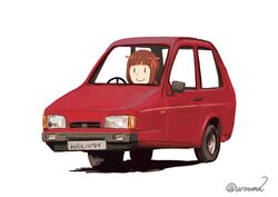  amami_haruka autocycle bow brown_hair car chibi commentary female idolmaster idolmaster_(classic) kayatsu_urotoma motor_vehicle reliant_robin shadow signature simple_background smile steering_wheel top_gear twitter_username vehicle_focus 