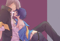  1boy ass_grab blue_eyes blue_hair blush commentary_request couple female grabbing_another&#039;s_ass grey_eyes grey_hair groping hand_in_pants hand_under_clothes hand_under_skirt imminent_kiss iwatsuki narukami_yuu persona persona_4 persona_4:_dancing_all_night persona_dancing photoshop_(medium) school_uniform shirogane_naoto short_hair skirt straight strap_slip suspenders undressing 