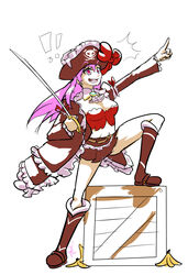  !! banana_peel boots bow box captain_liliana cutlass_(sword) female frills hat hat_bow highres jolly_roger knee_boots long_coat miniskirt one_leg_raised pink_eyes pink_hair pirate pirate_hat pointing pointing_forward queen&#039;s_blade queen&#039;s_blade_rebellion skirt skull_and_crossed_swords solo triple-q 