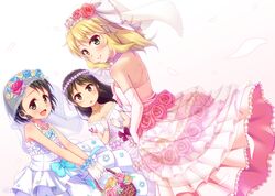  3girls black_hair blonde_hair bridal_veil brown_eyes brown_hair commentary_request dress elbow_gloves flower gloves green_eyes hair_ornament idolmaster idolmaster_cinderella_girls long_hair multiple_girls naoharu_(re_barna) open_mouth pink_dress sakurai_momoka sasaki_chie short_hair smile tachibana_arisu veil wedding_dress 