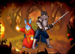  2017 anthro armor battle biped canid canine clearing clothed clothing demon detailed_background digital_media_(artwork) duo_focus elemental_manipulation fight fire fire_manipulation forest fox full-length_portrait fully_clothed group in_tree lagomorph leporid magic magic_user mammal melee_weapon monster plant plate_armor portrait rabbit robe shadow spell standing surrounded sword tree weapon zeptophidia 