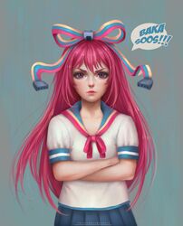  artist_name bad_id bad_pixiv_id bow crossed_arms felice female giffany gravity_falls hairbow lips long_hair looking_at_viewer pink_eyes pink_hair realistic sata_cable school_uniform serafuku solo tsundere 