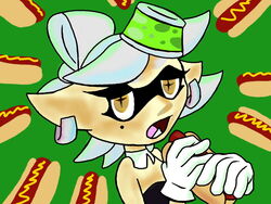  4:3 animal_humanoid cephalopod cephalopod_humanoid clothing ear_piercing female food food_fetish hair hat headgear headwear hot_dog humanoid humanoid_pointy_ears inkling looking_at_viewer marie_(splatoon) marine marine_humanoid mollusk mollusk_humanoid naivintage nintendo piercing pseudo_hair solo splatoon suggestive suggestive_food tentacle tentacle_hair white_hair 