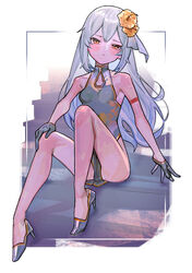  absurdres bare_legs bare_shoulders blue_hair blush breasts china_dress chinese_clothes closed_mouth dress english_commentary female flower full_body gloves gradient_hair grey_dress grey_footwear grey_gloves hair_flower hair_ornament half_gloves high_heels highres long_hair looking_at_viewer multicolored_hair orange_eyes orange_flower original pelvic_curtain saaal653 sitting sleeveless sleeveless_dress small_breasts solo stairs 