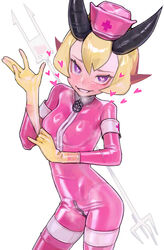  absurdres black_horns blonde_hair blush bodysuit breasts commission crotch_zipper female freckles gloves grin hat heart heart-shaped_pupils highres horns latex latex_bodysuit latex_gloves looking_at_viewer nose_blush nurse_cap patty_(skullgirls) pink_bodysuit purple_eyes saaal653 short_hair simple_background skullgirls small_breasts smile solo symbol-shaped_pupils white_background yellow_gloves zipper 