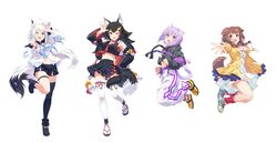  4girls absurdres ahoge animal_ear_fluff animal_ears armpits black_hair blue_eyes blush bone_hair_ornament braid brown_eyes brown_hair cat_ears cat_girl cat_tail crop_top detached_sleeves dog_ears dog_girl dog_tail fox_ears fox_girl fox_tail full_body hair_ornament hairclip highres hololive hololive_gamers hood hood_down hoodie inugami_korone inugami_korone_(1st_costume) japanese_clothes kouhaku_nawa lineup long_hair long_sleeves looking_at_viewer low_twin_braids miniskirt multicolored_hair multiple_girls narumi_nanami navel nekomata_okayu nekomata_okayu_(1st_costume) official_art one_eye_closed onigiri_print ookami_mio ookami_mio_(1st_costume) open_mouth purple_eyes purple_hair red_hair rope sandals shimenawa shirakami_fubuki shirakami_fubuki_(1st_costume) short_hair side_braid simple_background single_thighhigh skirt smile tail thighhighs thighs twin_braids virtual_youtuber white_hair wolf_ears wolf_girl wolf_tail yellow_eyes yellow_footwear zettai_ryouiki zouri 