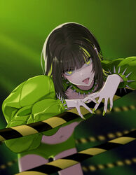  a01macaron absurdres brown_hair collar cosplay cowboy_shot eurovision_song_contest female green_background green_eyes green_hair green_nails green_shorts highres idolmaster idolmaster_shiny_colors ikaruga_luca kaarija kaarija_(cosplay) leaning_forward long_hair long_sleeves looking_at_viewer nail_polish piercing puffy_sleeves real_life revealing_clothes rope short_shorts shorts sleeve_cuffs solo spiked_collar spikes tongue tongue_out tongue_piercing 