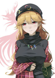  absurdres alternate_costume bag black_dress black_hat black_sleeves blonde_hair breasts closed_mouth crescent dress earrings earth_(ornament) female hair_between_eyes hat highres jacket jewelry junko_(touhou) large_breasts long_hair long_sleeves looking_to_the_side necklace otomeza_ryuseigun pink_eyes plaid plaid_jacket red_jacket red_sleeves smile solo teeth touhou white_background 