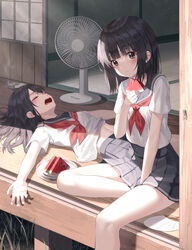  bare_legs between_legs black_hair black_sailor_collar black_skirt blunt_bangs brown_eyes bug cicada closed_eyes closed_mouth day eating electric_fan female food fruit hand_between_legs hand_fan holding holding_food hot kanzi light_particles light_rays long_hair looking_at_viewer lying md5_mismatch miniskirt neckerchief on_back on_floor open_mouth original outdoors paper_fan pleated_skirt red_neckerchief sailor_collar school_uniform serafuku shirt short_sleeves skirt sliding_doors summer sunlight tatami uchiwa veranda watermelon white_shirt wooden_floor 