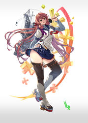  akashi_(kancolle) armor blue_skirt blush breasts crane_(machine) female full_body gradient granblue_fantasy_(style) green_eyes hair_ribbon hammer hip_vent kantai_collection lace lace-trimmed_legwear lace_trim long_hair long_sleeves looking_at_viewer machinery pink_hair pleated_skirt ribbon school_uniform serafuku skirt smile solo thighhighs thighs tongue tongue_out tress_ribbon youmou_usagi 