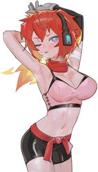  absurdres armpits arms_up bandaged_arm bandages black_gloves black_shorts blonde_hair blue_eyes blush breasts cleavage commission elbow_gloves female gloves headphones highres large_breasts long_hair looking_at_viewer midriff one_eye_closed orange_hair original parted_lips pink_sports_bra ponytail red_eyes red_hair saaal653 short_shorts shorts simple_background single_elbow_glove solo sports_bra sweat white_background 