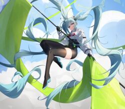  18301639225 :3 absurdly_long_hair absurdres aqua_eyes black_bodysuit black_gloves blue_sky bodysuit boots breasts chinese_commentary cloud commentary_request covered_navel cropped_jacket female flag floating full_body gloves goodsmile_racing green_flag hair_ornament hatsune_miku high_heels highres holding holding_flag long_hair long_sleeves looking_at_viewer race_queen racing_miku racing_miku_(2022) sky solo thigh_boots twintails two-tone_gloves very_long_hair vocaloid 