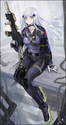  absurdres assault_rifle belt breasts collarbone commentary earpiece facial_mark female foregrip full_body german_flag girls&#039;_frontline gloves green_eyes grey_hair gun h&amp;k_hk416 hair_ornament handgun highres hk416_(girls&#039;_frontline) holding holding_gun holding_weapon holstered id_card knee_pads long_hair long_sleeves medium_breasts nslacka pants rifle shoes sideways_glance sitting sneakers solo suppressor throat_microphone trigger_discipline weapon white_gloves 