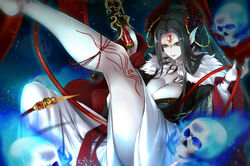  bad_id bad_pixiv_id black_hair bracelet breasts cleavage female forehead_jewel fur_trim holding holding_whip horn_ornament horns jewelry large_breasts leg_up long_hair long_sleeves looking_at_viewer niko_(azurite) pointy_ears skull smile solo thighs thunderbolt_fantasy very_long_hair whip wide_sleeves xing_hai 