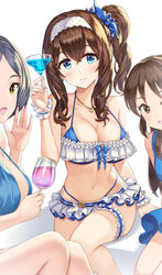  3girls bare_shoulders bikini bikini_skirt black_hair blue_bikini blue_eyes breasts bridal_garter brown_eyes brown_hair cleavage close-up cocktail_glass cup drink drinking_glass earrings frills hair_ornament hair_scrunchie hairband halterneck hamahama hand_up hayami_kanade highres holding idolmaster idolmaster_cinderella_girls jewelry large_breasts long_hair looking_at_viewer multiple_girls navel necklace photoshop_(medium) sagisawa_fumika scrunchie short_hair side_ponytail sitting smile stomach strap_gap swimsuit tachibana_arisu thighs wine_glass wrist_cuffs yellow_eyes 