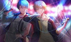  2boys aoyagi_touya blue_hair commentary dark_blue_hair drawstring earrings english_commentary hand_up holding holding_microphone hood hood_down hooded_jacket hoodie jacket jacket_over_hoodie jewelry light long_sleeves looking_at_another looking_at_viewer male_focus microphone mole mole_under_eye multicolored_hair multiple_boys offtoon12 open_clothes open_jacket orange_hair pants project_sekai shinonome_akito shirt short_hair sleeves_past_elbows smile split-color_hair streaked_hair t-shirt teeth two-tone_hair upper_body yellow_eyes yellow_hoodie 