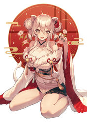  absurdres ahoge animal_ears asa_no_ha_(pattern) bare_legs bell black_nails blush breasts claw_pose commentary double_bun ear_piercing egasumi fangs female floral_print flower full_body fur-trimmed_kimono fur_trim grey_eyes grey_hair hair_between_eyes hair_bun hair_flower hair_ornament highres hololive japanese_clothes kimono large_breasts lion_ears lion_girl lion_tail looking_at_viewer mazel_(mazel_star) medium_hair nail_polish obi off_shoulder official_alternate_costume official_alternate_hair_length official_alternate_hairstyle open_mouth piercing polka_dot polka_dot_background red_background sash shishiro_botan shishiro_botan_(new_year) simple_background sitting smile solo symbol-only_commentary tail tassel thighs uroko_(pattern) virtual_youtuber wariza white_background white_kimono wide_sleeves 