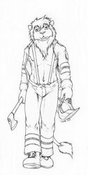  2010 anthro armor axe biped black_and_white boots bottomwear cheek_tuft clothed clothing coutzy coyotek eyebrows facial_tuft felid firefighter firefighter_uniform footwear front_view headgear helmet hi_res holding_armor holding_axe holding_headgear holding_helmet holding_object jacket line_art lion looking_at_viewer male mammal mane monochrome navel open_clothing open_jacket open_topwear pantherine pants simple_background solo suspenders tail tail_tuft topwear tuft uniform walking white_background 