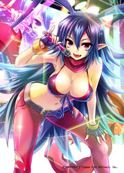  antenna_hair belt bikini bikini_top_only blue_hair bracelet breasts cleavage demon_girl disgaea disgaea_d2 fangs female fingerless_gloves flame_print genderswap_(mtf) gloves highres hori_airi idol jewelry laharl laharl-chan long_hair microphone music navel pinky_out pointy_ears red_eyes rule_63 singing solo swimsuit very_long_hair z/x 