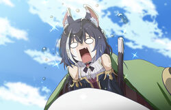  animal animal_ear_fluff animal_ears black_hair blue_sky cat_ears cat_girl cat_tail cloud commentary creator_connection crying crying_aqua_(meme) crying_with_eyes_open detached_sleeves dress duplicate female frog fujitaka_nasu karyl_(princess_connect!) kono_subarashii_sekai_ni_shukufuku_wo! meme multicolored_hair open_mouth parody pixel-perfect_duplicate princess_connect! screaming sky sleeveless sleeveless_dress slimy streaked_hair tail tears 