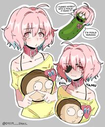  absurdres ahoge collar earrings english_text eyepatch female grey_background highres idolmaster idolmaster_cinderella_girls index_fingers_together jewelry looking_at_viewer morty_smith multiple_views o3o oerba_yun_fang off-shoulder_shirt off_shoulder pickle pickle_rick pink_collar pink_eyes pink_hair rick_and_morty rick_sanchez shirt short_hair skin_fang snale yumemi_riamu 