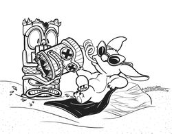  2019 3_toes alien ambiguous_gender angry animate_inanimate beach beach_blanket black_and_white claws crossed_legs disney drinking_straw experiment_(lilo_and_stitch) eyewear feet finger_claws fur head_tuft hi_res lilo_and_stitch monochrome notched_ear rachel_ordway reclining rock seaside shocked silly_straw simple_background stitch_(lilo_and_stitch) sunglasses text tiki toes tuft url white_background x_eyes 