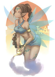  blue_eyes braid breasts closed_mouth collarbone commentary_request dark-skinned_female dark_skin dated faerie_neopet fairy_wings female holding iimia leaning_forward legs_together long_hair looking_at_viewer midriff navel neopets oil_lamp personification pointy_ears signature simple_background small_breasts smile smoke solo tattoo very_long_hair white_background wings xweetok 