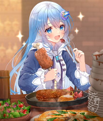  blue_eyes blue_hair blurry blurry_background bowl bread brick_wall commission cup eating female food fork hair_ornament holding holding_food holding_fork indoors light_blush long_hair long_sleeves meat messy necktie open_mouth original pizza plate restaurant salad serino_itsuki skeb_commission smile sparkle star_(symbol) steak table upper_body white_necktie wooden_table 