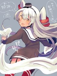  amatsukaze_(kancolle) bad_id bad_twitter_id black_panties brown_dress cloth commentary_request cowboy_shot dress female from_behind fujiyama_ichiha garter_straps grey_background grey_hair hair_tubes highres kantai_collection long_hair looking_at_viewer looking_back panties sailor_dress short_dress simple_background solo thighhighs translation_request two_side_up underwear 