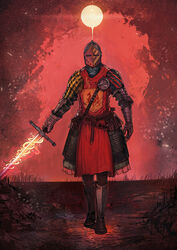  1other ambiguous_gender armor belt boots breastplate chainmail copyright_request couter dragon_print faulds floor full_armor gauntlets gloves glowing glowing_sword glowing_weapon grass greaves helmet highres holding holding_sword holding_weapon johann_vanslev knight korean_commentary leg_armor melting panda8581 pauldrons protected_link red_surcoat rondel shoulder_armor solo standing sun surcoat sword walking weapon 