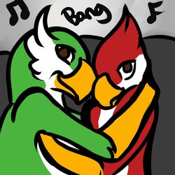  1:1 anthro askos avian avian_(starbound) beak cuddling date duo feathers feet green_body green_feathers hug looking_at_viewer maladash male male/male music nude red_body red_feathers sitting starbound talons toes white_body white_feathers 