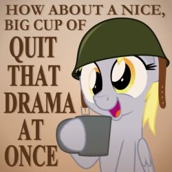  1:1 2014 absurd_res armor blonde_hair container cup derp_eyes derpy_hooves english_text equid equine feathered_wings feathers female friendship_is_magic grey_body grey_feathers hair hasbro headgear helmet hi_res holding_container holding_cup holding_object looking_at_viewer mammal meme my_little_pony mythological_creature mythological_equine mythology open_mouth pegasus poster reaction_image smile solo text the_truth wings yellow_eyes zutheskunk 